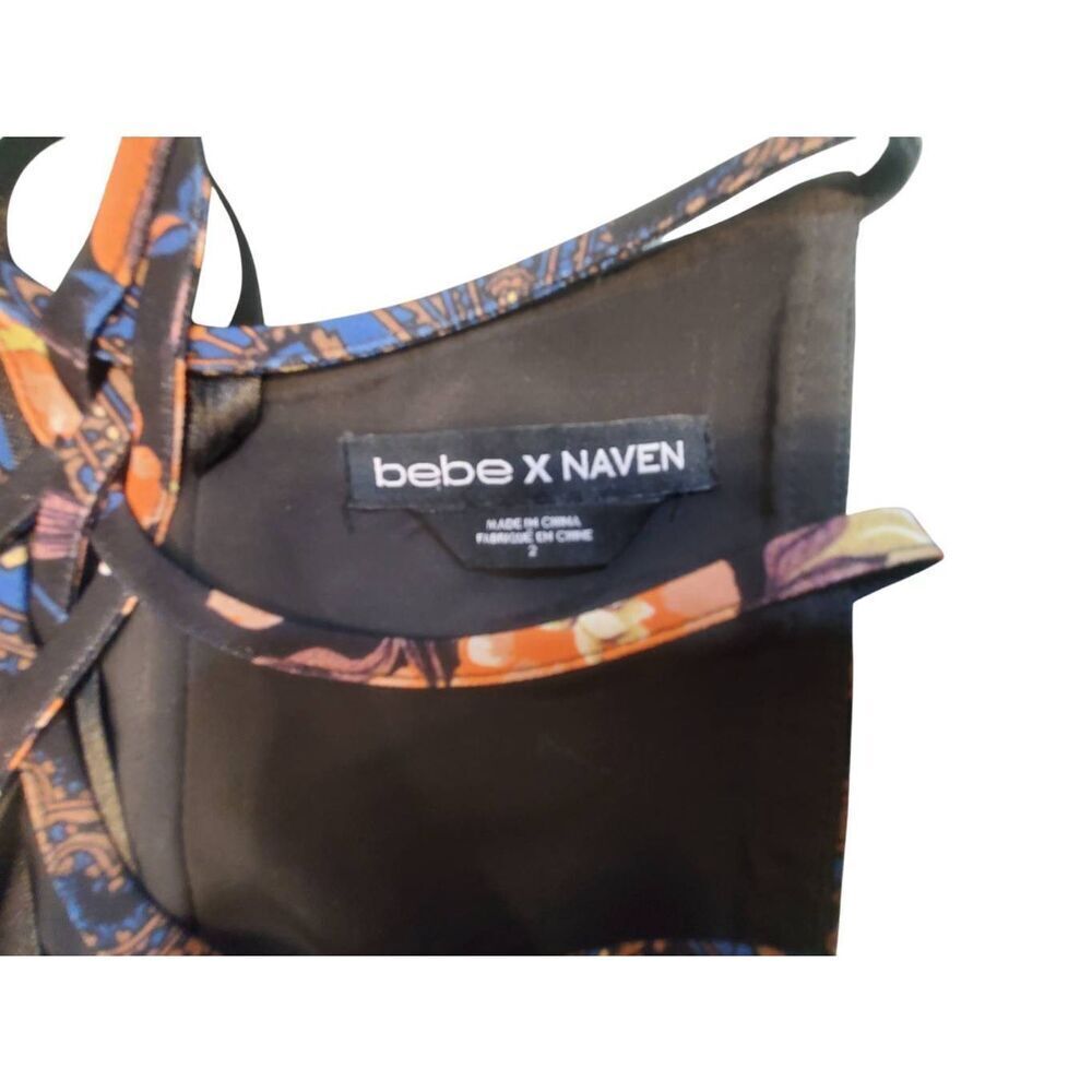 Women Bebe X Naven Black Floral Print Polyester Lined Cross Zip Back Dress Size - Picture 7 of 11